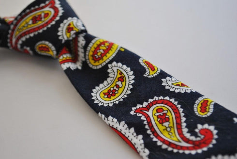 skinny cotton black tie with red and yellow paisley design